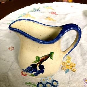 Vintage Small Handpainted Ceramic Pitcher. Blueberries on Cream Background. 5"T